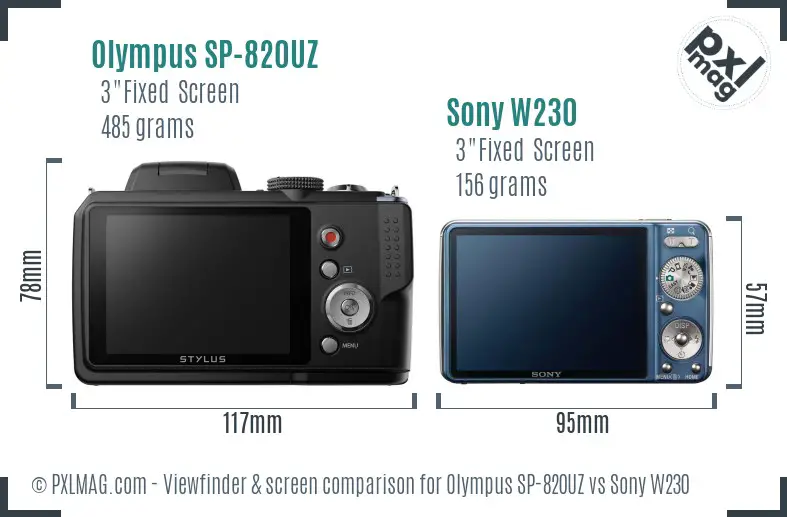 Olympus SP-820UZ vs Sony W230 Screen and Viewfinder comparison