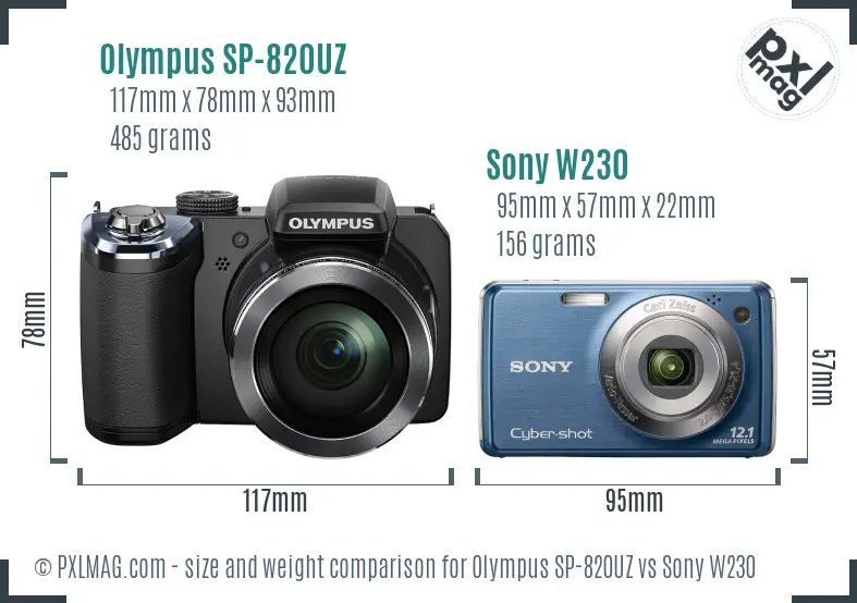 Olympus SP-820UZ vs Sony W230 size comparison
