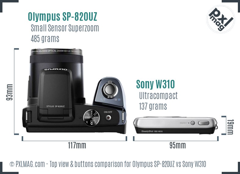 Olympus SP-820UZ vs Sony W310 top view buttons comparison