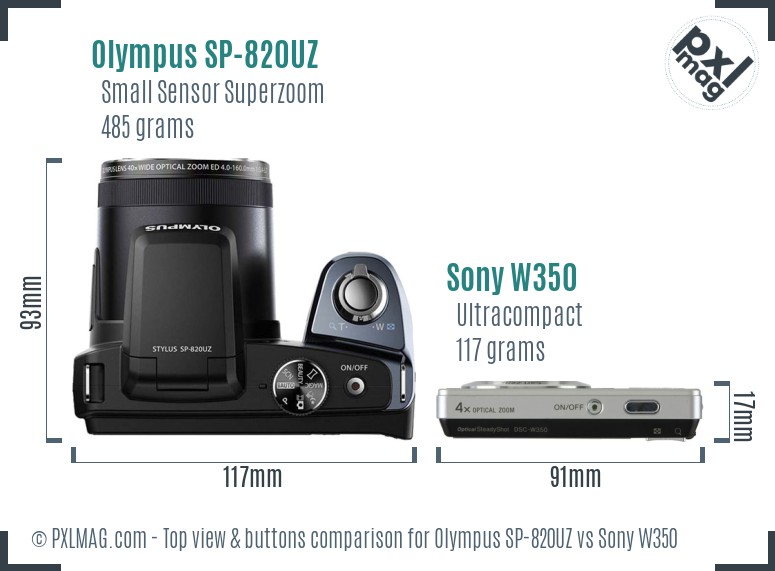 Olympus SP-820UZ vs Sony W350 top view buttons comparison