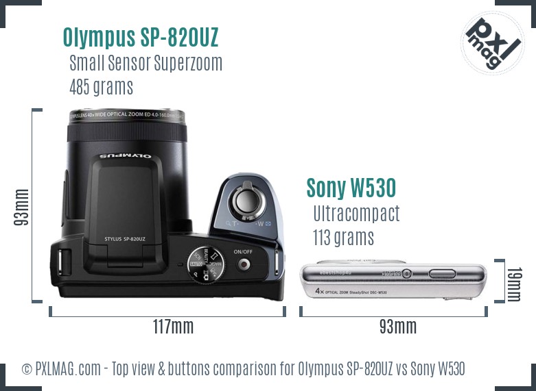 Olympus SP-820UZ vs Sony W530 top view buttons comparison