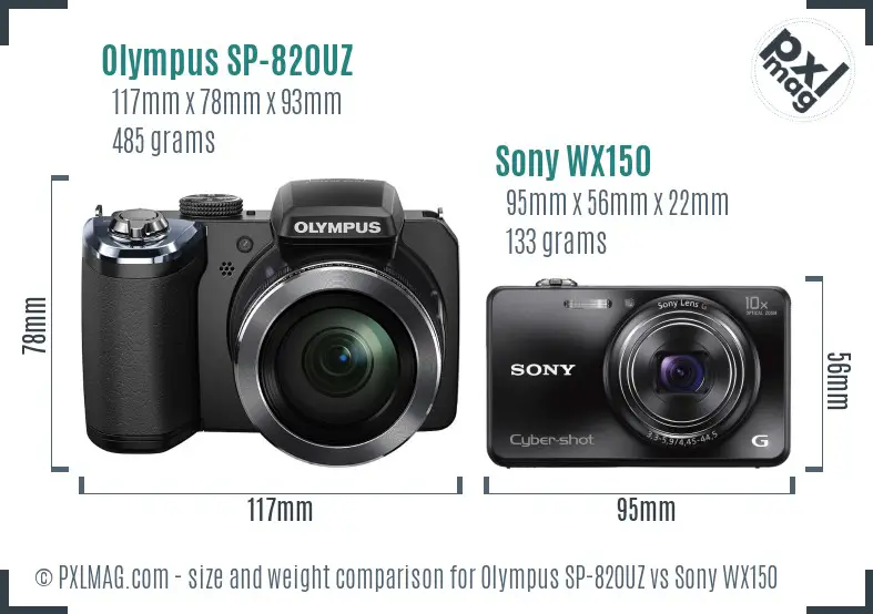 Olympus SP-820UZ vs Sony WX150 size comparison
