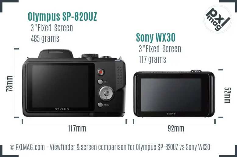 Olympus SP-820UZ vs Sony WX30 Screen and Viewfinder comparison