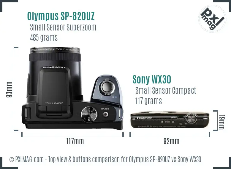 Olympus SP-820UZ vs Sony WX30 top view buttons comparison