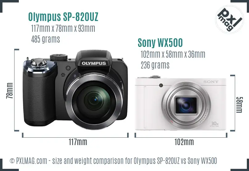 Olympus SP-820UZ vs Sony WX500 size comparison