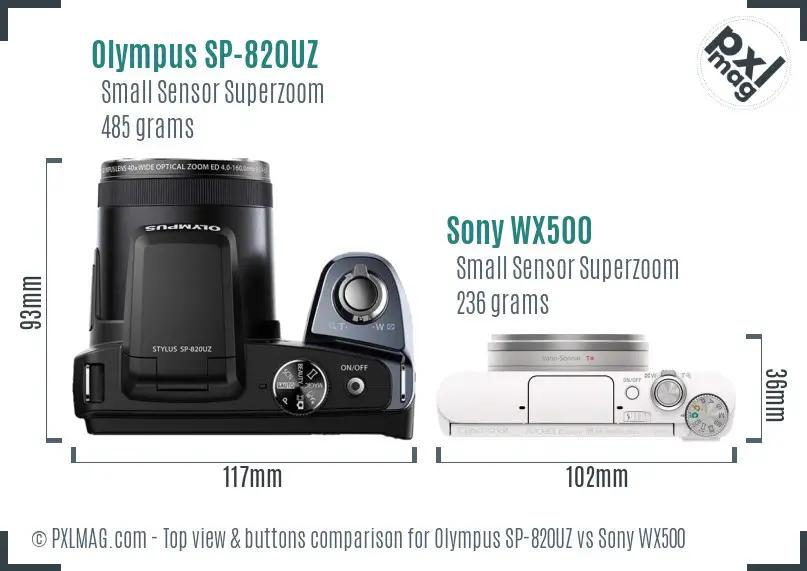 Olympus SP-820UZ vs Sony WX500 top view buttons comparison