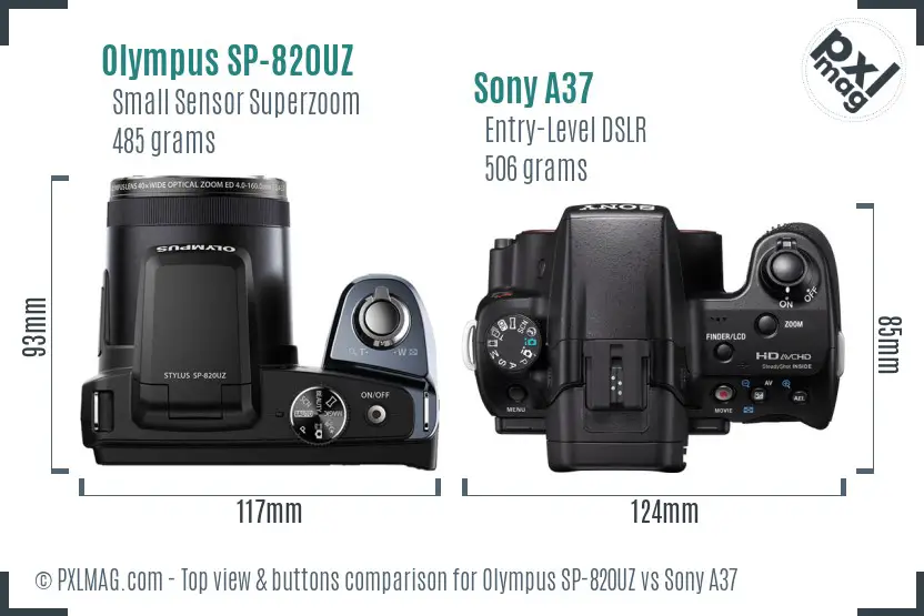 Olympus SP-820UZ vs Sony A37 top view buttons comparison