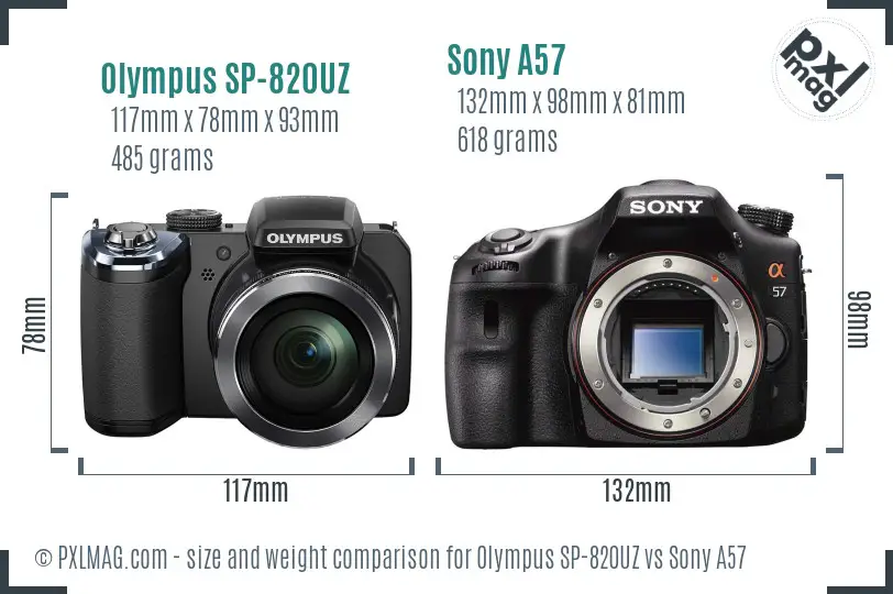 Olympus SP-820UZ vs Sony A57 size comparison