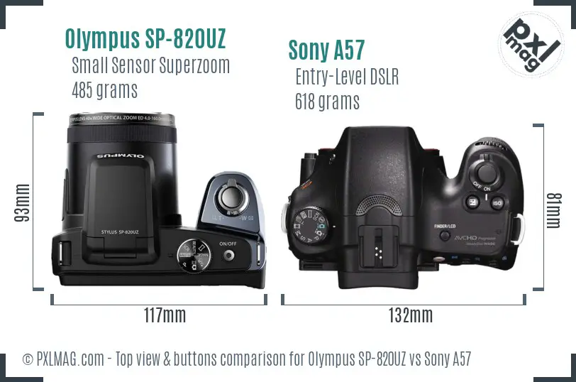 Olympus SP-820UZ vs Sony A57 top view buttons comparison