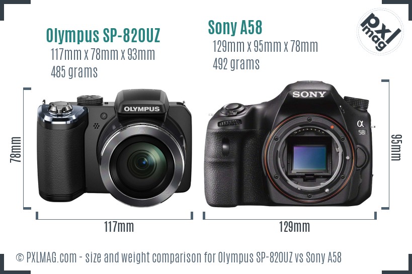 Olympus SP-820UZ vs Sony A58 size comparison