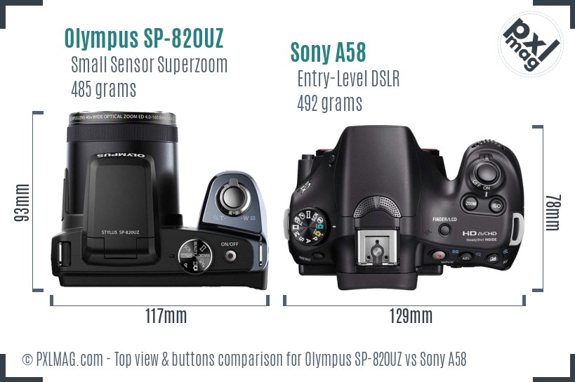 Olympus SP-820UZ vs Sony A58 top view buttons comparison