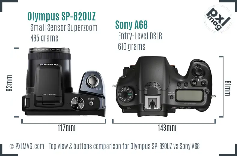 Olympus SP-820UZ vs Sony A68 top view buttons comparison