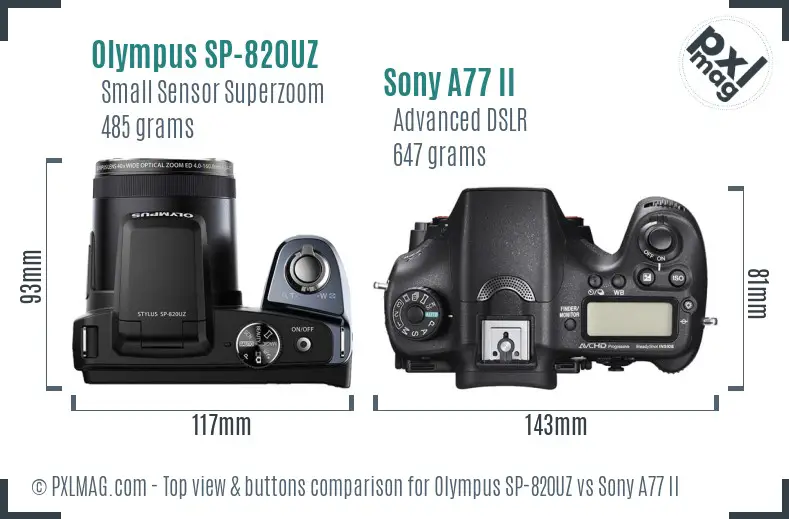 Olympus SP-820UZ vs Sony A77 II top view buttons comparison