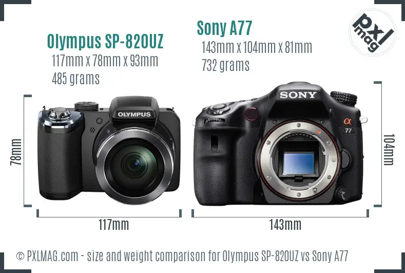 Olympus SP-820UZ vs Sony A77 size comparison