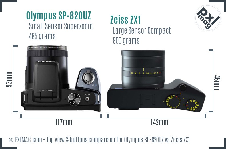 Olympus SP-820UZ vs Zeiss ZX1 top view buttons comparison