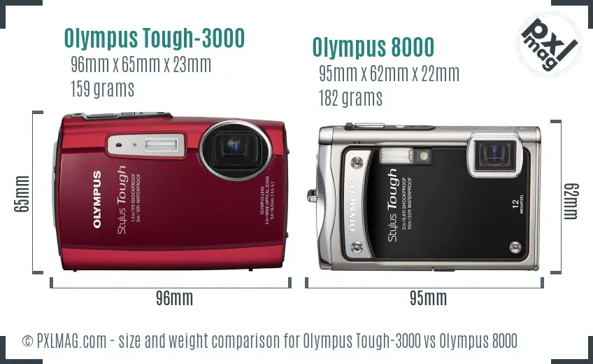 Olympus Tough-3000 vs Olympus 8000 size comparison