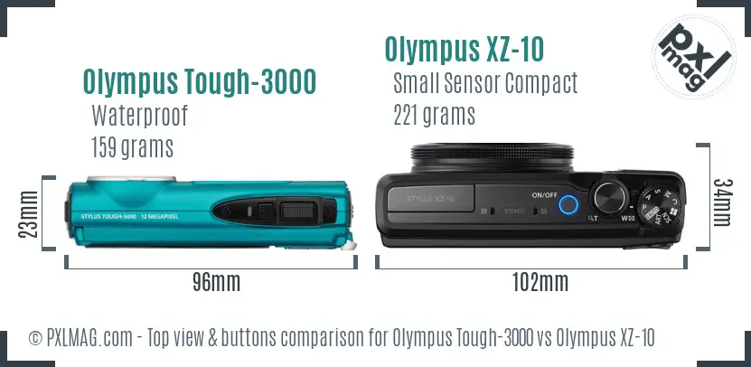 Olympus Tough-3000 vs Olympus XZ-10 top view buttons comparison