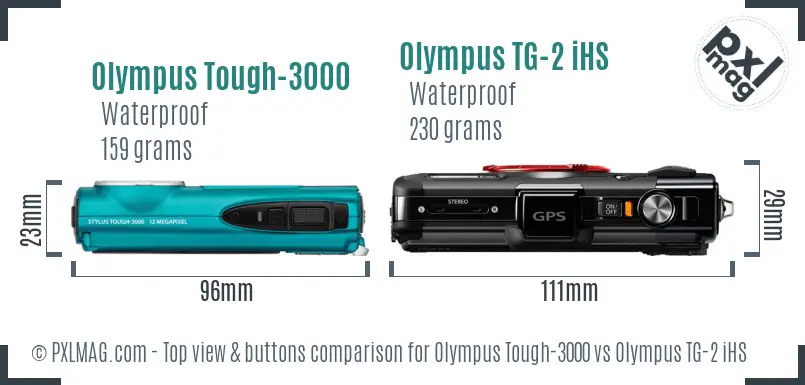 Olympus Tough-3000 vs Olympus TG-2 iHS top view buttons comparison