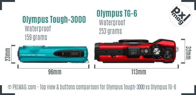 Olympus Tough-3000 vs Olympus TG-6 top view buttons comparison