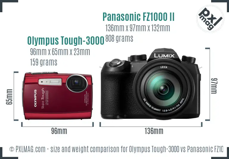 Olympus Tough-3000 vs Panasonic FZ1000 II size comparison