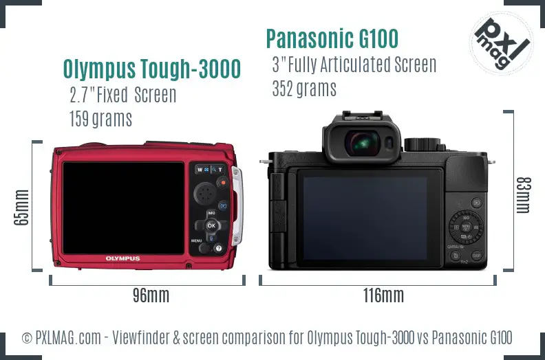 Olympus Tough-3000 vs Panasonic G100 Screen and Viewfinder comparison