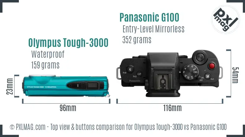 Olympus Tough-3000 vs Panasonic G100 top view buttons comparison