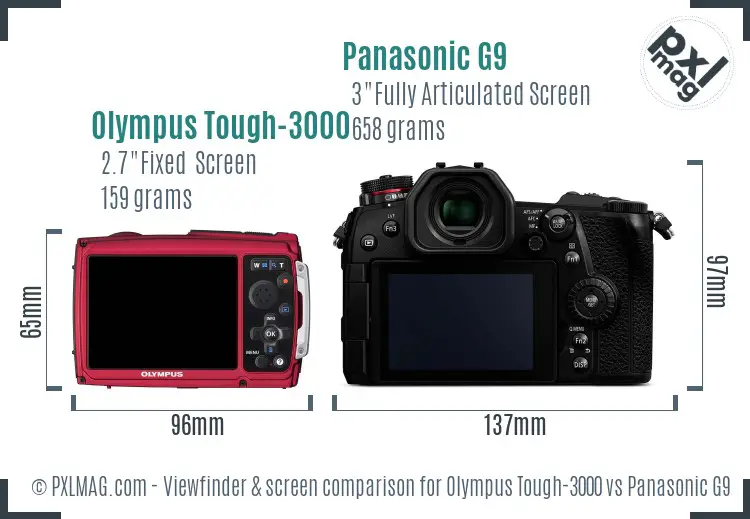 Olympus Tough-3000 vs Panasonic G9 Screen and Viewfinder comparison
