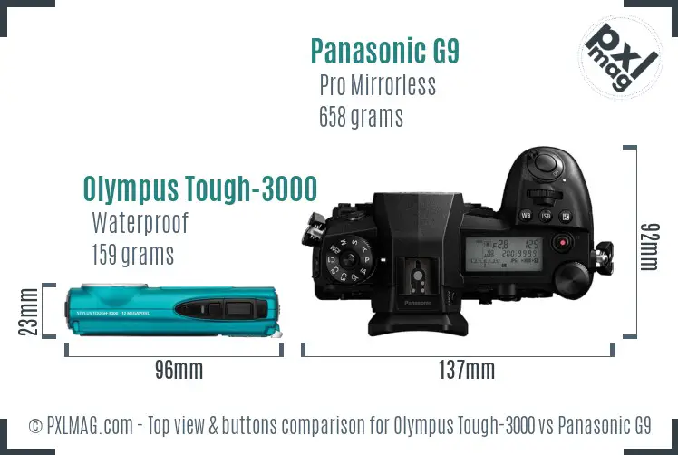 Olympus Tough-3000 vs Panasonic G9 top view buttons comparison