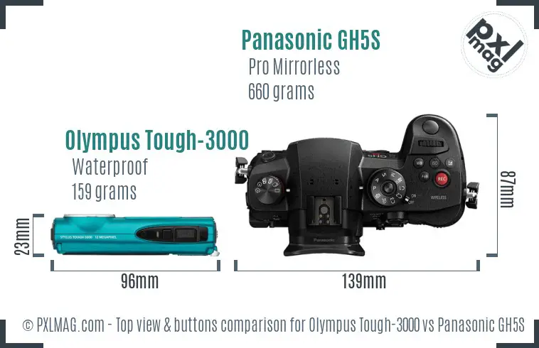 Olympus Tough-3000 vs Panasonic GH5S top view buttons comparison