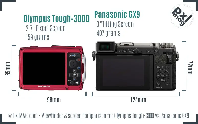Olympus Tough-3000 vs Panasonic GX9 Screen and Viewfinder comparison