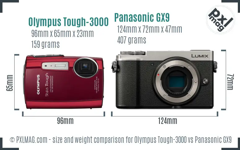 Olympus Tough-3000 vs Panasonic GX9 size comparison