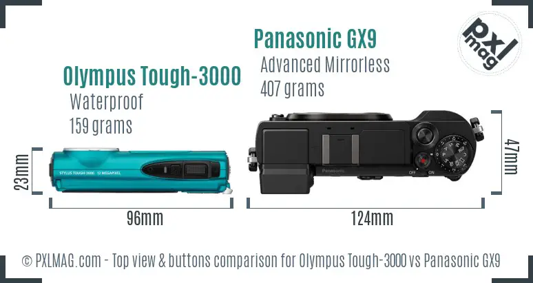 Olympus Tough-3000 vs Panasonic GX9 top view buttons comparison