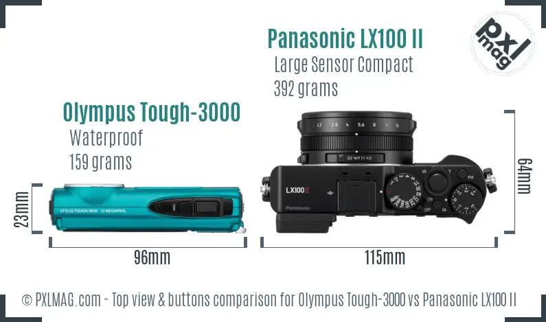 Olympus Tough-3000 vs Panasonic LX100 II top view buttons comparison