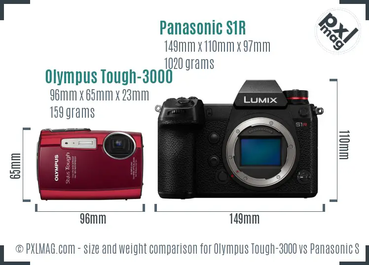 Olympus Tough-3000 vs Panasonic S1R size comparison