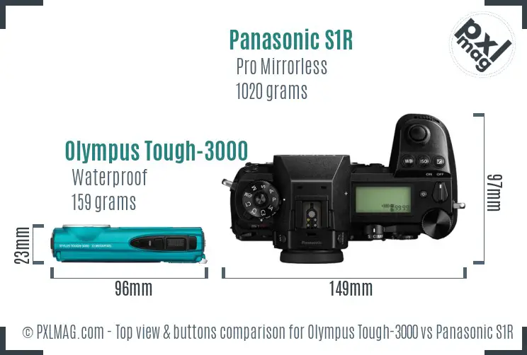 Olympus Tough-3000 vs Panasonic S1R top view buttons comparison