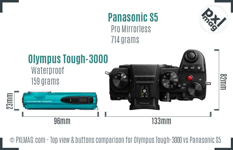 Olympus Tough-3000 vs Panasonic S5 top view buttons comparison