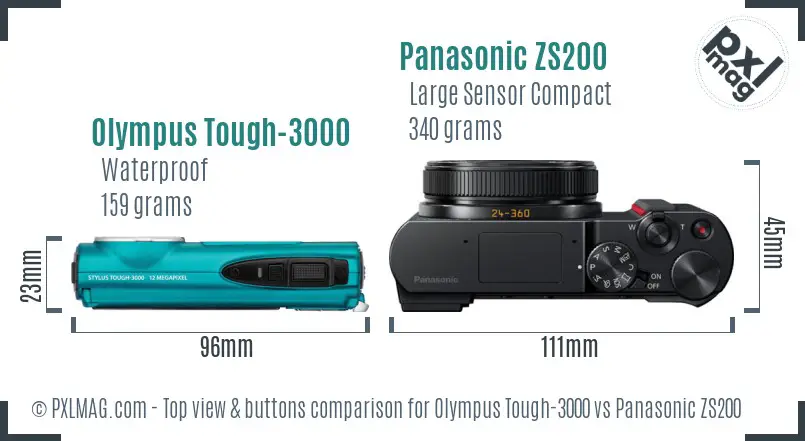 Olympus Tough-3000 vs Panasonic ZS200 top view buttons comparison