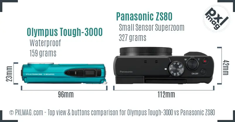 Olympus Tough-3000 vs Panasonic ZS80 top view buttons comparison