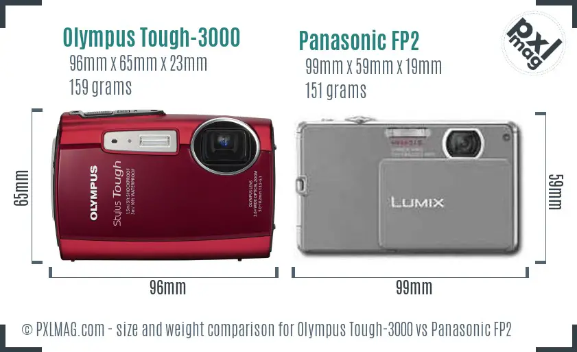 Olympus Tough-3000 vs Panasonic FP2 size comparison