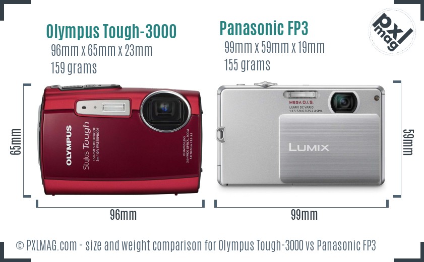 Olympus Tough-3000 vs Panasonic FP3 size comparison