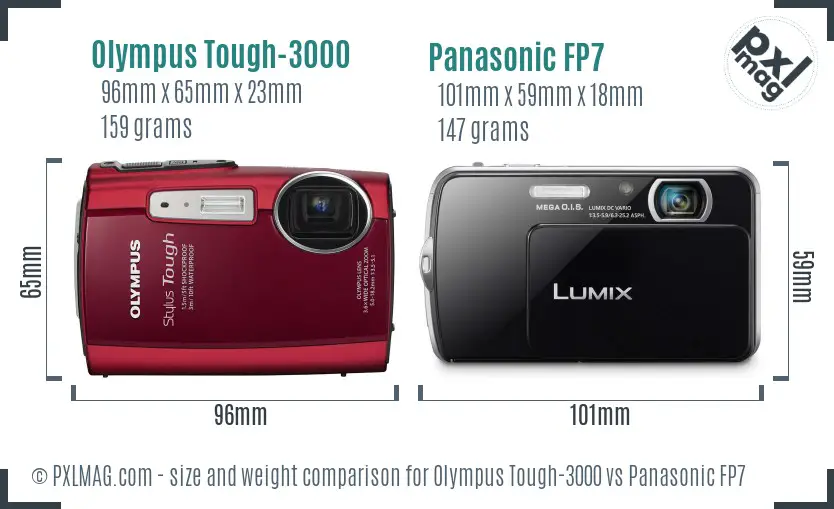 Olympus Tough-3000 vs Panasonic FP7 size comparison