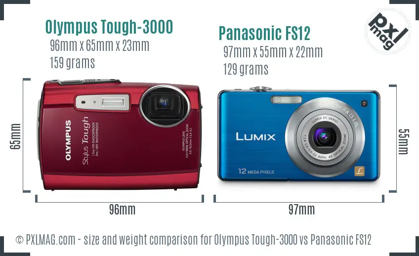 Olympus Tough-3000 vs Panasonic FS12 size comparison