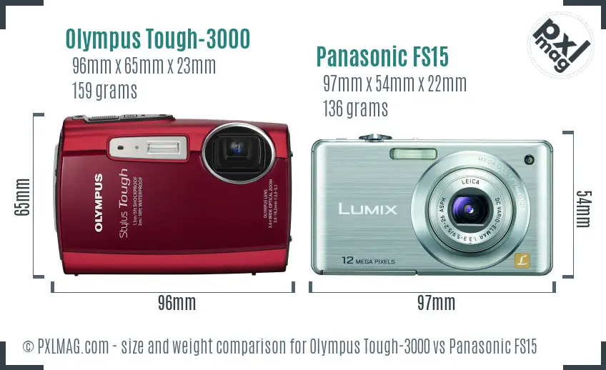 Olympus Tough-3000 vs Panasonic FS15 size comparison