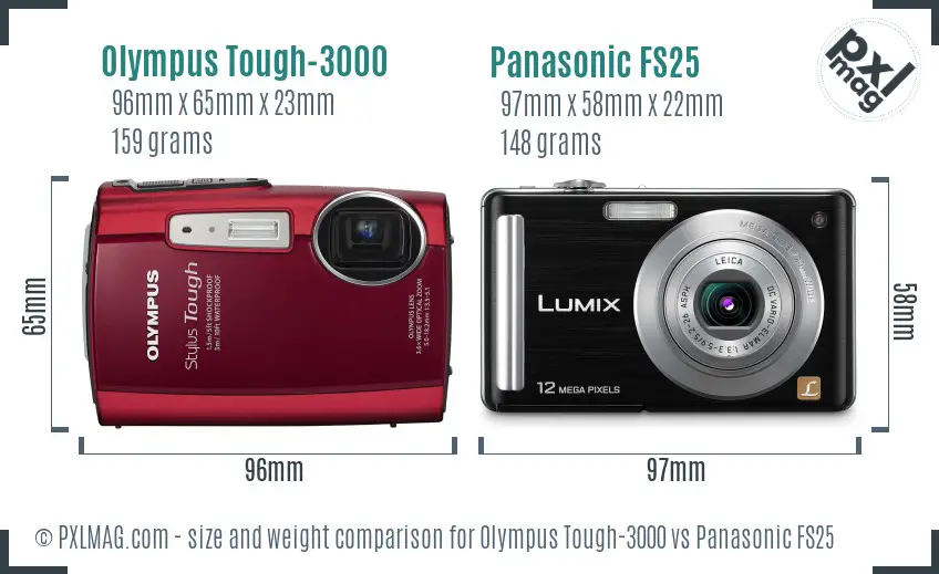 Olympus Tough-3000 vs Panasonic FS25 size comparison