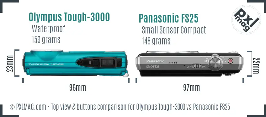 Olympus Tough-3000 vs Panasonic FS25 top view buttons comparison