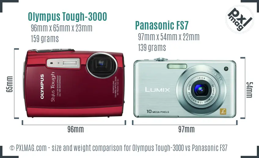 Olympus Tough-3000 vs Panasonic FS7 size comparison