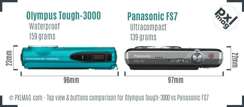 Olympus Tough-3000 vs Panasonic FS7 top view buttons comparison