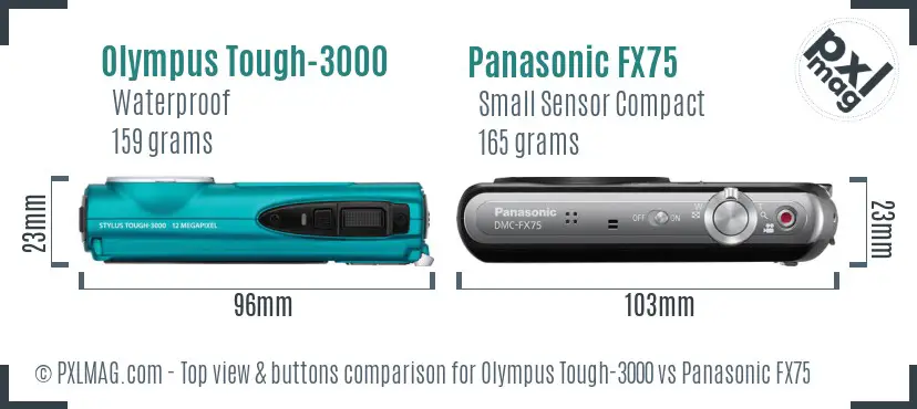 Olympus Tough-3000 vs Panasonic FX75 top view buttons comparison