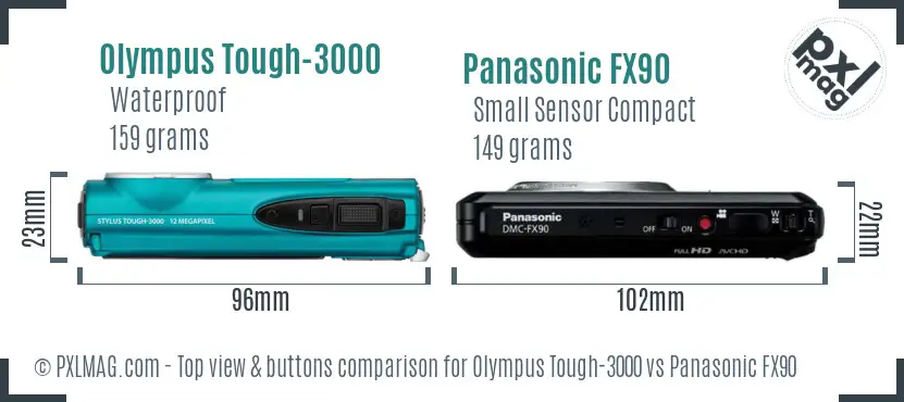 Olympus Tough-3000 vs Panasonic FX90 top view buttons comparison Olympus Tough-3000 vs Panasonic FX90 top view buttons comparison