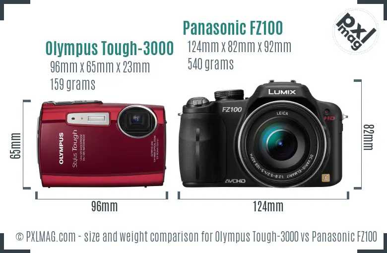Olympus Tough-3000 vs Panasonic FZ100 size comparison